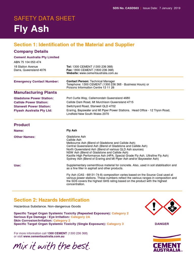SDS-Fly Ash (Cement Australia) | PDF | Silicon Dioxide | Safety