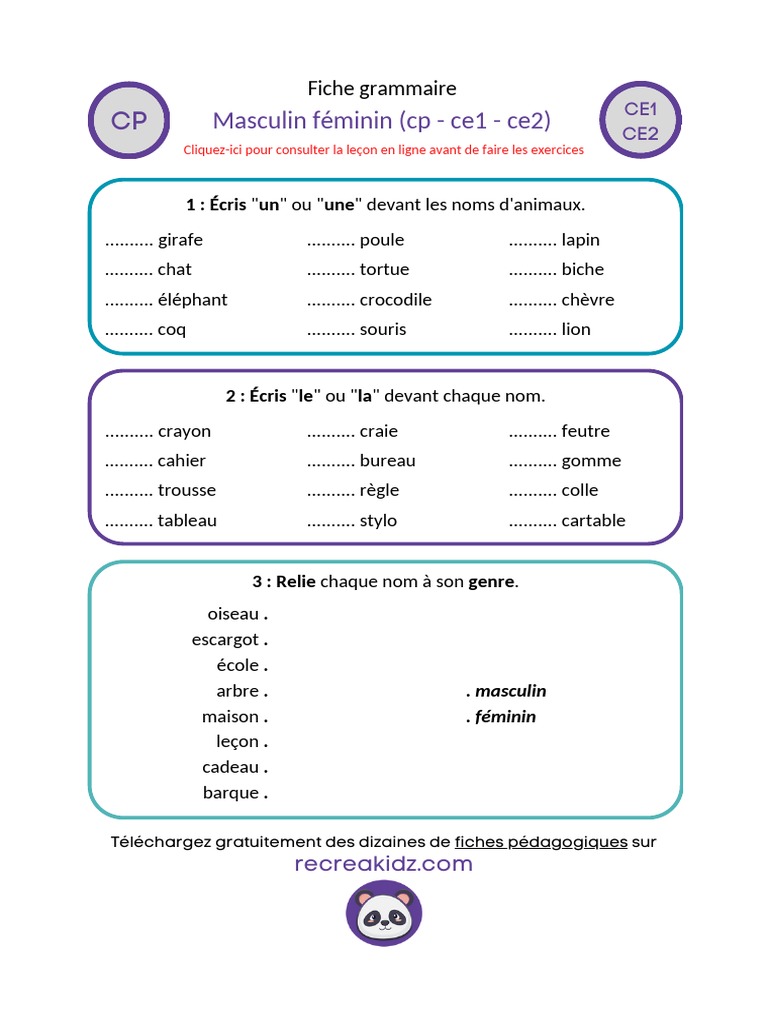 Exercices Masculin Féminin Ce1 Pdf masculin-feminin-cp-ce1-ce2 | PDF