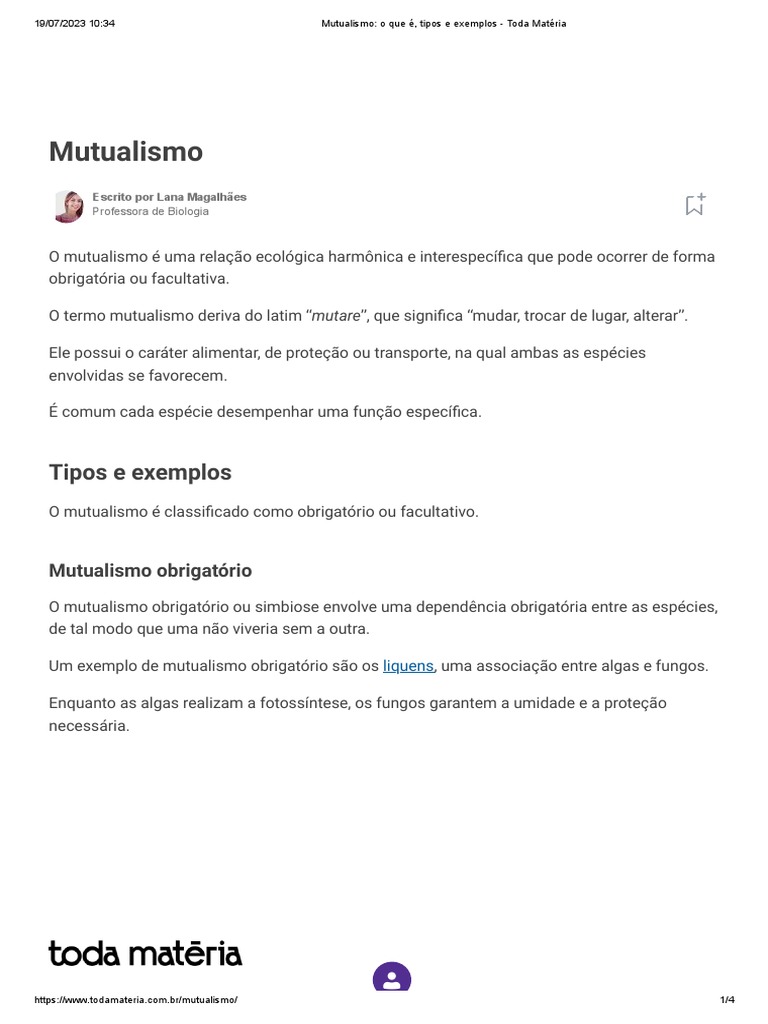 Exemplos e Tipos de Mutualismo | PDF | Organismos | Biologia
