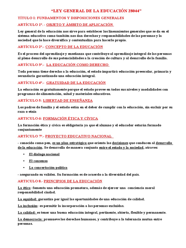 Resumen de La Ley General de La Educación 28044 - 2022 | PDF ...