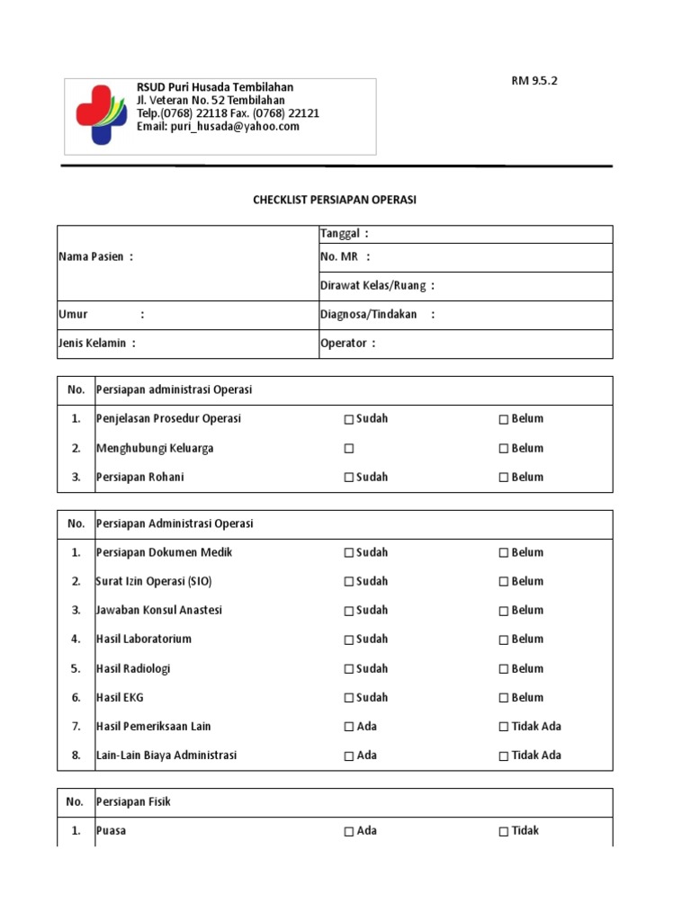 RM 9.5.2 Checklist Persiapan Operasi | PDF