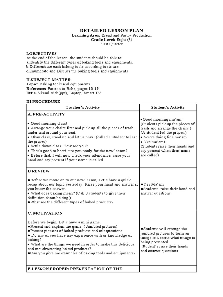 Baking Tools and Equipment Lesson Plan | PDF | Baking | Cupcake