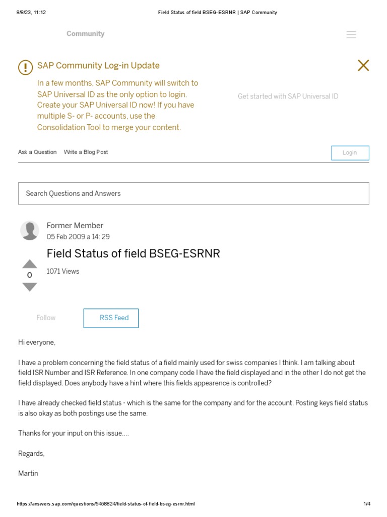 Field Status of Field BSEG-ESRNR - SAP Community | PDF