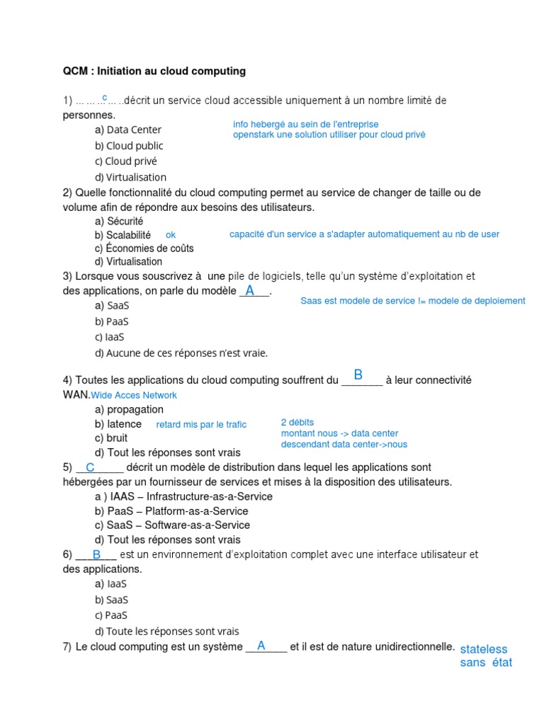 QCM sur le Cloud Computing et ses Concepts | PDF | Cloud computing ...