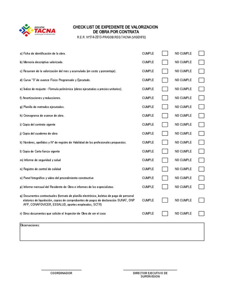 Check List Valorizacion N°009 | PDF