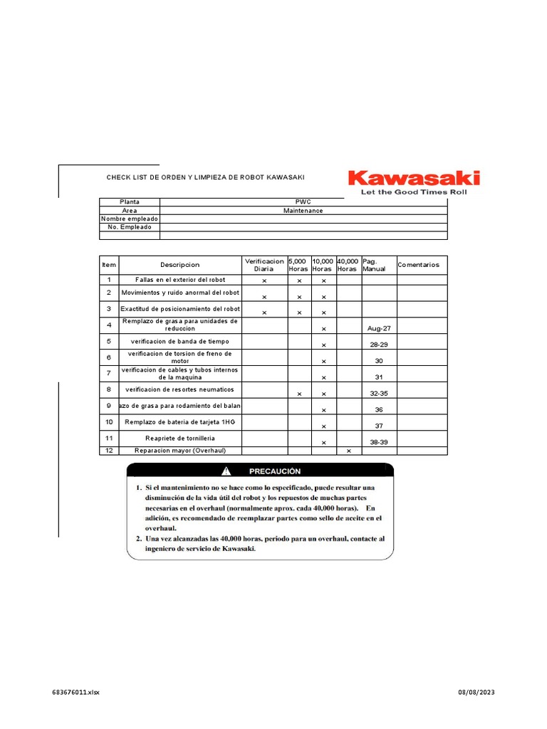 Checklist de Mantenimiento Robot Kawasaki | PDF | Ingeniería mecánica ...