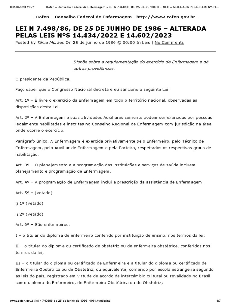 Cofen conselho federal de enfermagem lei n 7 498 86 de 25 de junho
