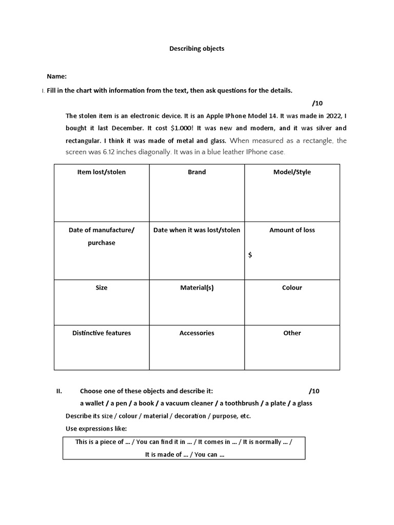 Describing Objects-Test 2023 | PDF