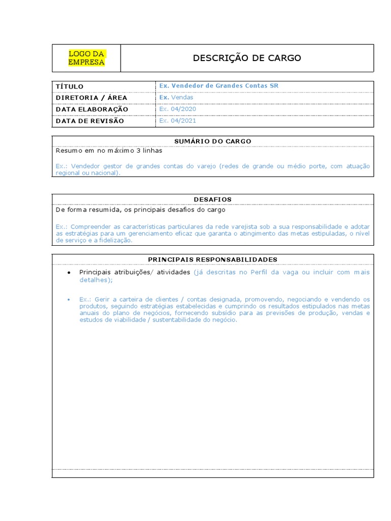 Descrição de Cargo: Vendedor SR | PDF | Plano de negócios | Economia de ...