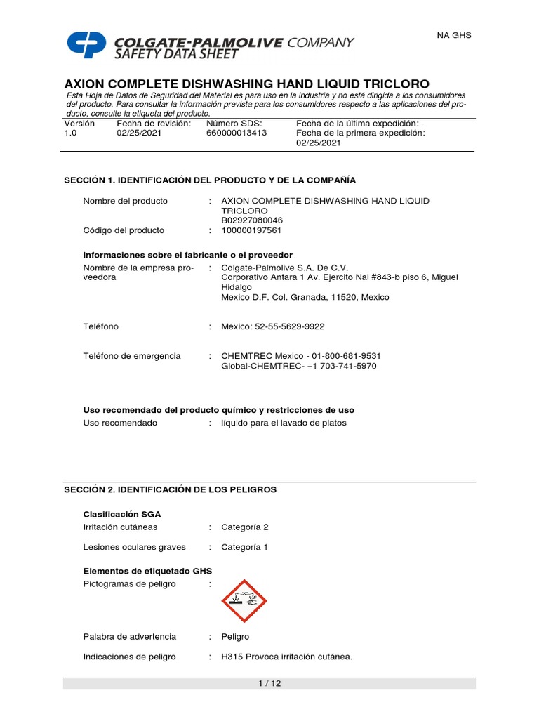 Hoja de Seguridad Axion Tricloro | PDF
