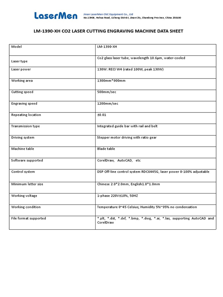 LM-1390-XH Co2 Laser Cutting Engraving Machine Data Sheet | PDF