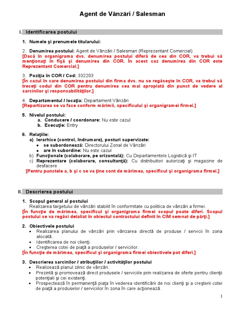 Fisa Postului Pentru Agent de Vanzari PDF