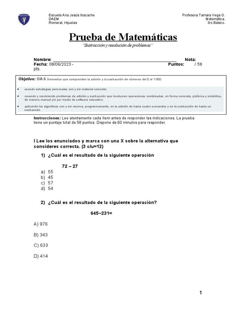 Prueba de Matemáticas: Sumas y Restas 3° Básico | PDF | Sustracción ...