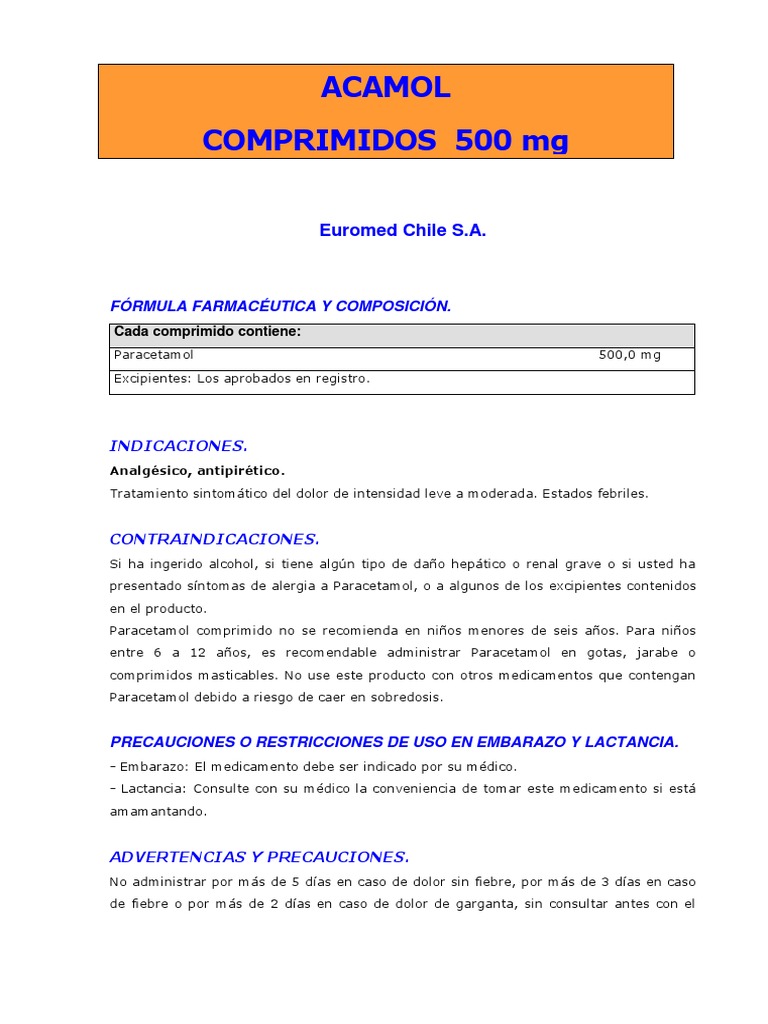 Usos y precauciones del Acamol 500 mg | PDF | Aspirina | Medicamentos ...