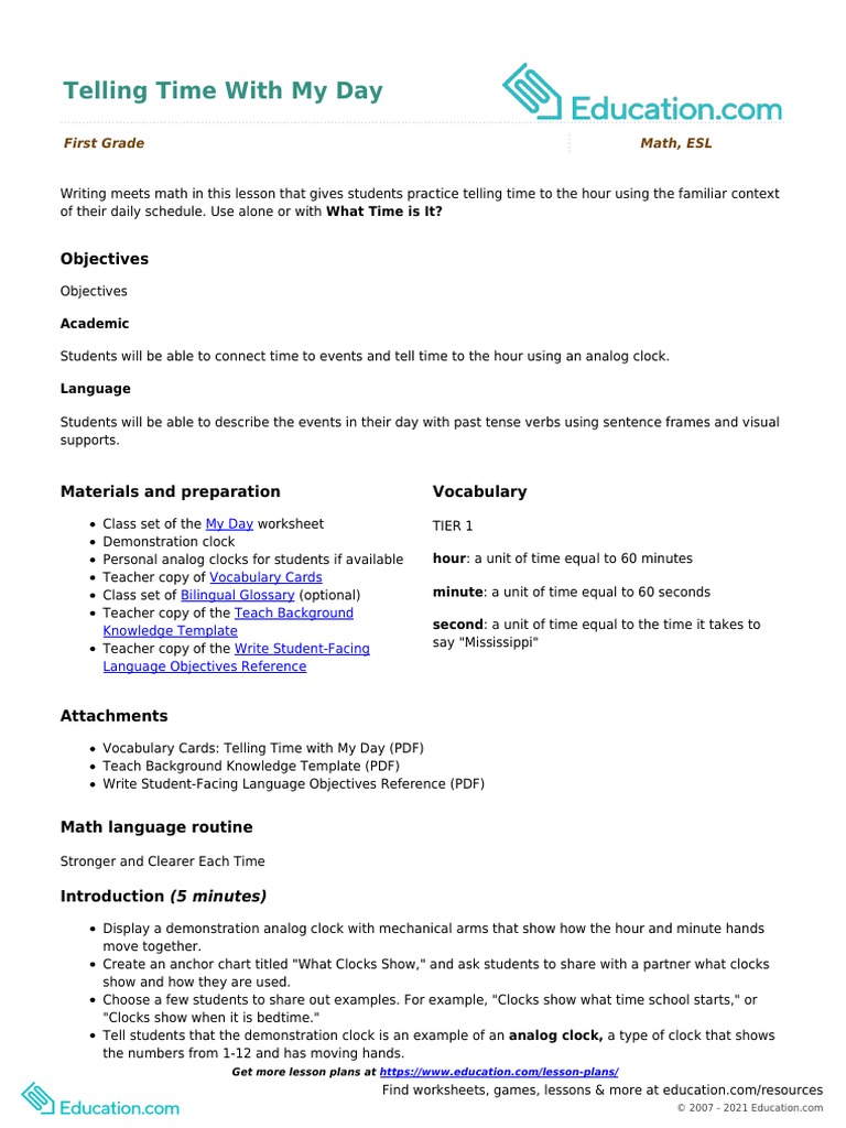 Telling Time Lesson Plan for First Grade | PDF