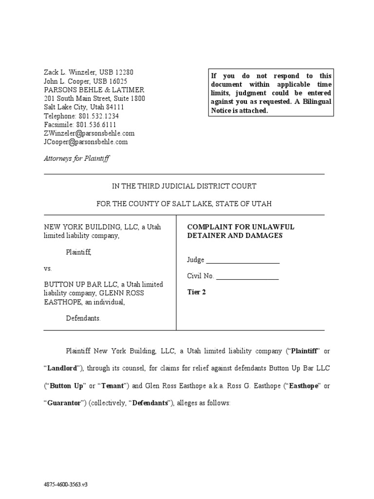 Unlawful Detainer Complaint: NY Building vs. Button Up Bar | PDF ...