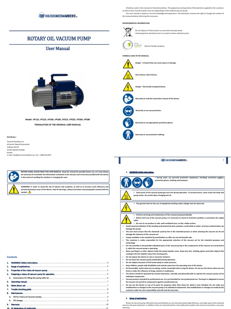 Operating Manual Rotary Oil Vacuum Pump PDF Pump Vacuum