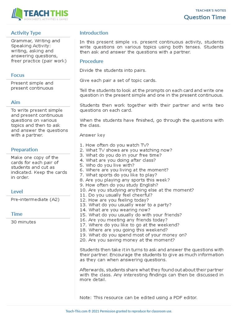 Question Time: Present Tense Activities | PDF | Human Communication