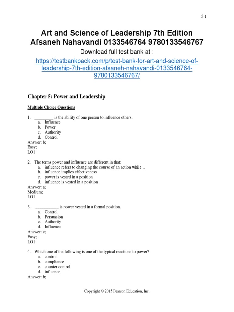 Art and Science of Leadership 7th Edition Afsaneh Nahavandi Test Bank 1 ...