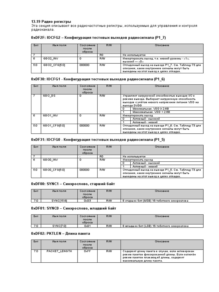 Описание радиорегистров cc1110 (cc1101) | PDF