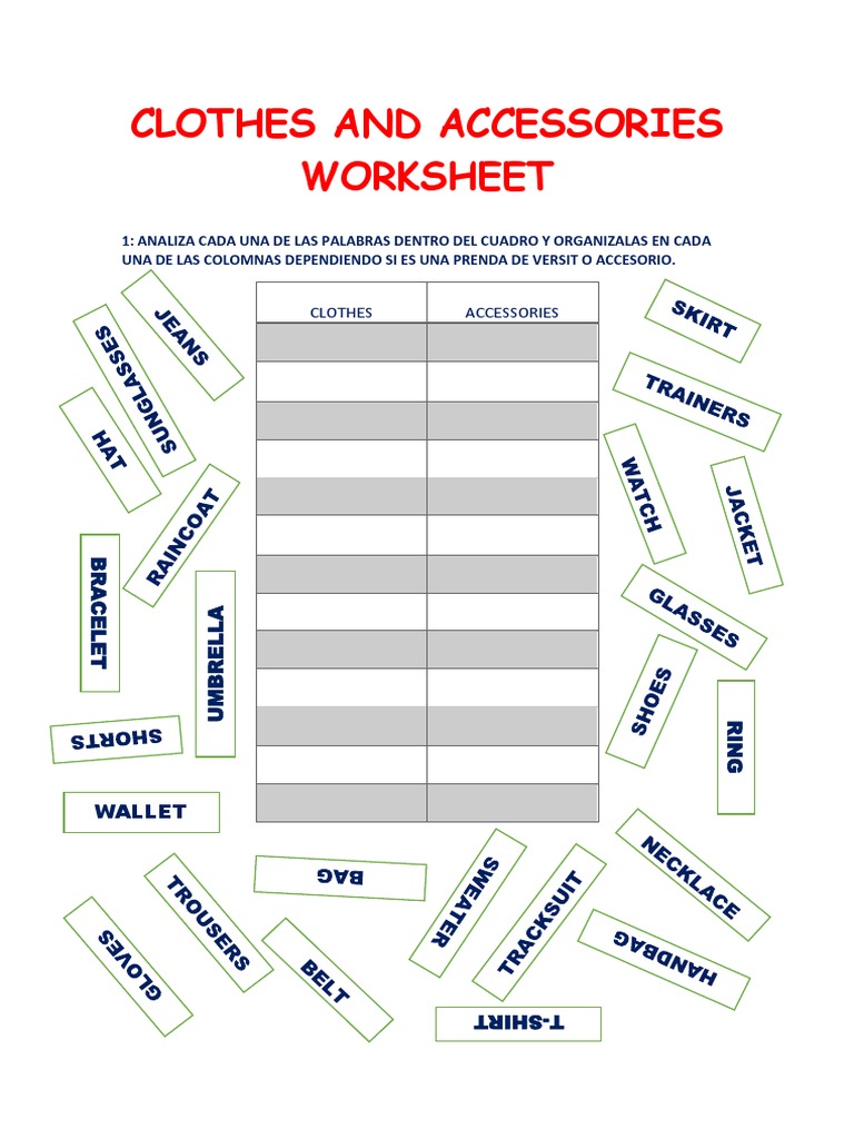 Clothes and Accessories Worksheet PDF