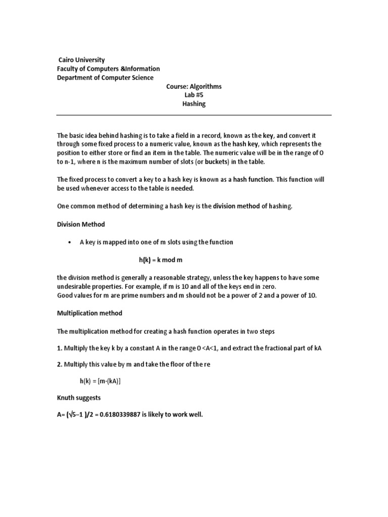 Hashing Techniques in Algorithms Lab | PDF