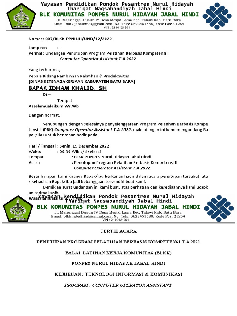 Undangan Penutupan BLK | PDF