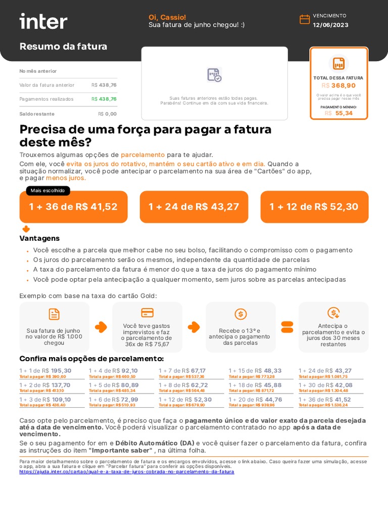 Fatura Banco Inter | PDF | Crédito rotativo | Juros