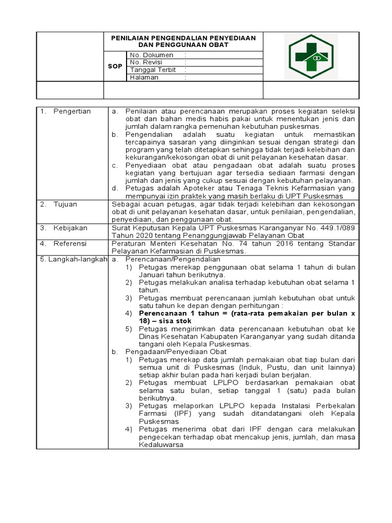 8 2 1 1 sop penilaian pengendalian penyediaan dan penggunaan obat pdf