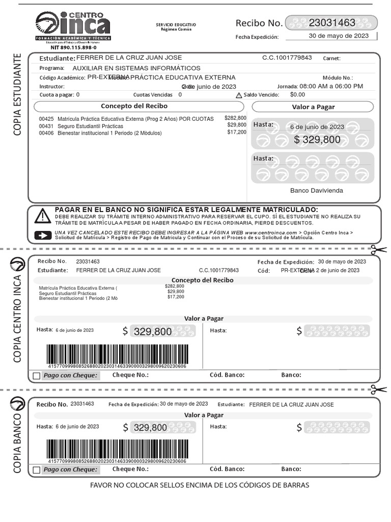 Recibo Pago Centro Inca | PDF