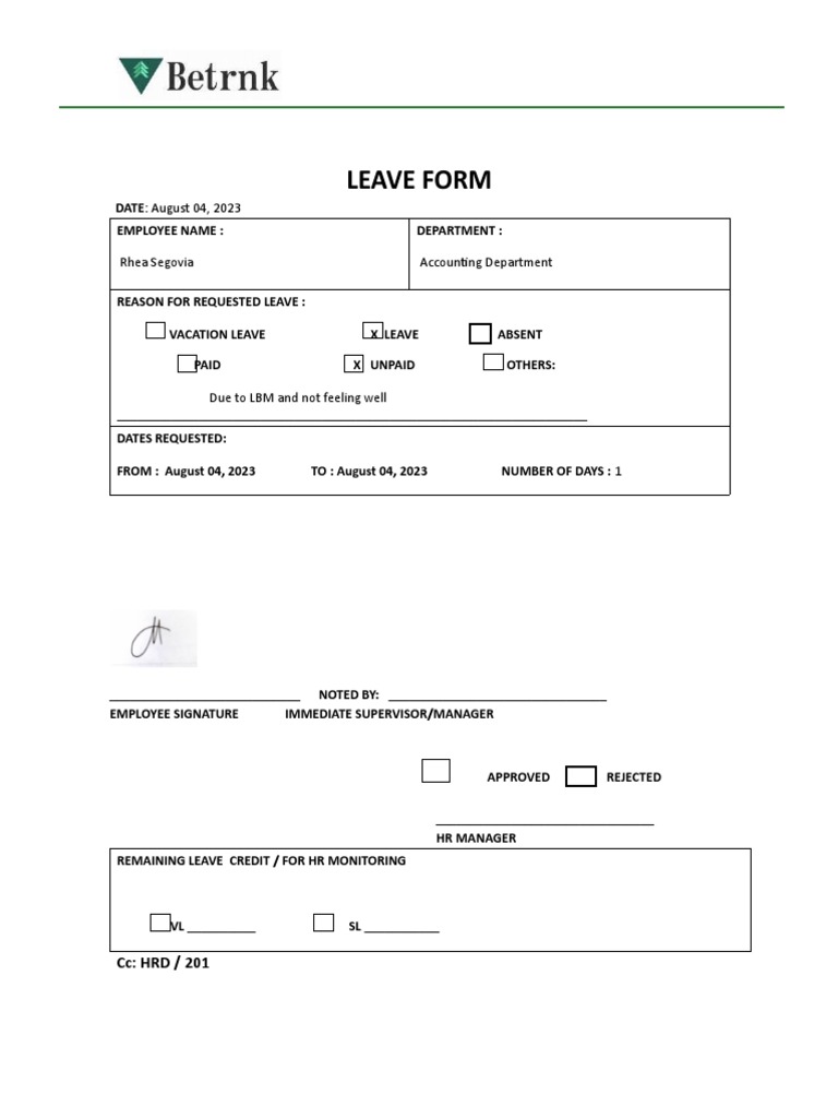 Betrnk - LEAVE AND ABSENT FORM | PDF