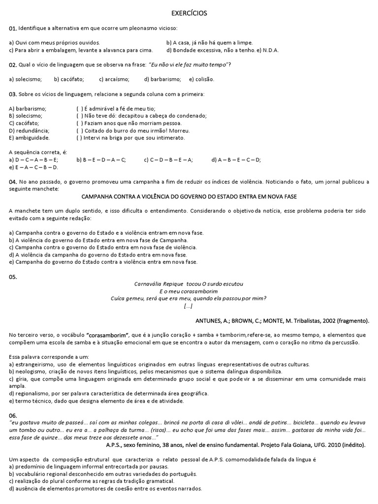 Exercícios sobre Vícios de Linguagem | PDF | Estudos de Línguas ...