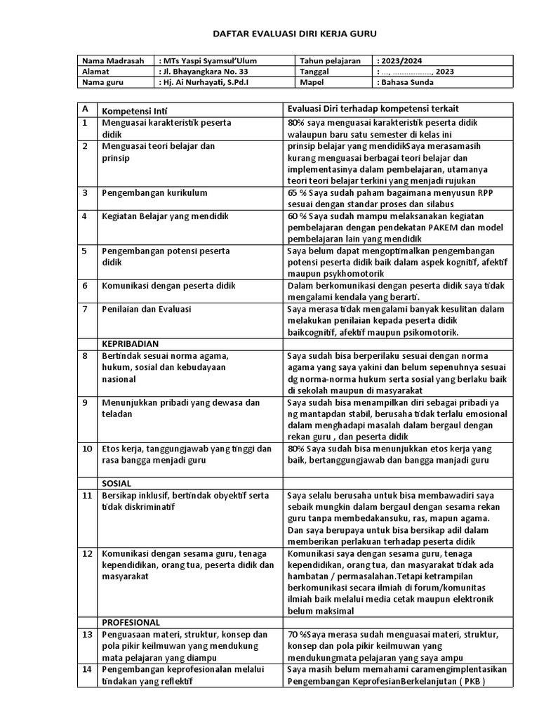 Daftar Evaluasi Diri Kerja Guru | PDF | Karier & Perkembangan ...