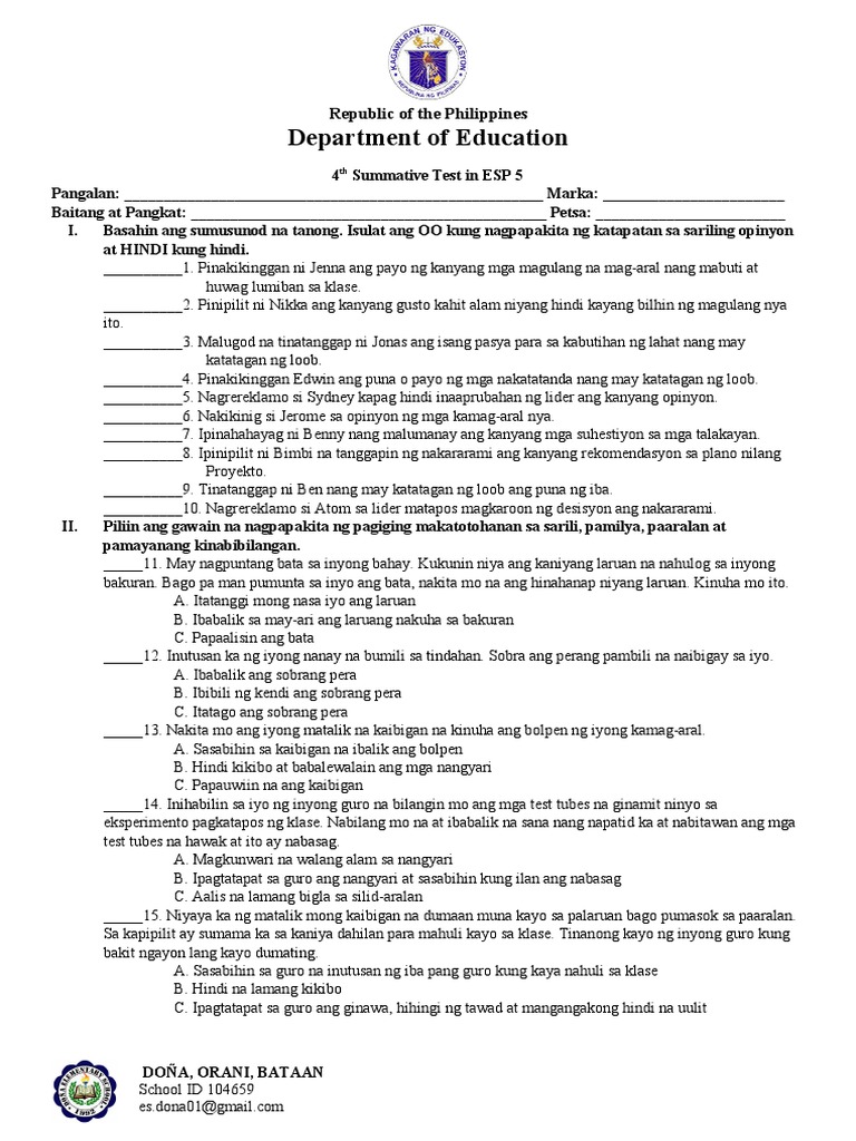 4th Summative Test in ESP 5 | PDF