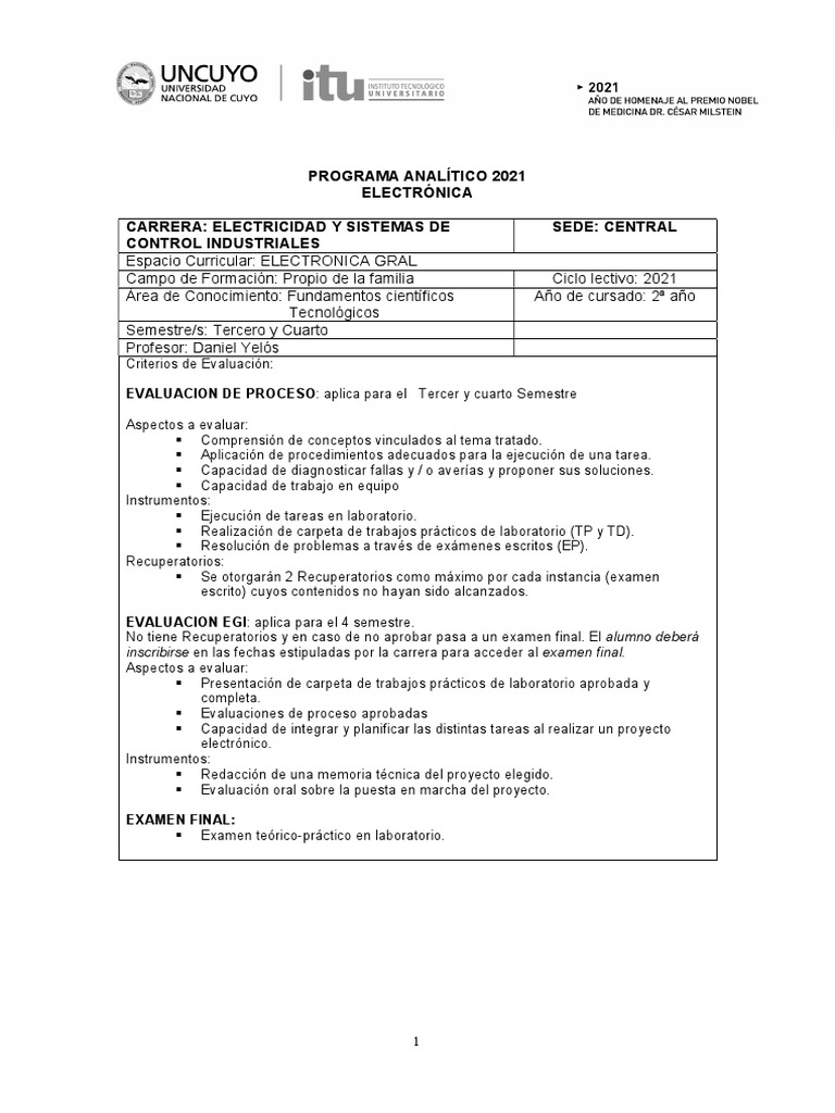Programa Analítico Electrónica 2021 | PDF | Diodo | Transistor