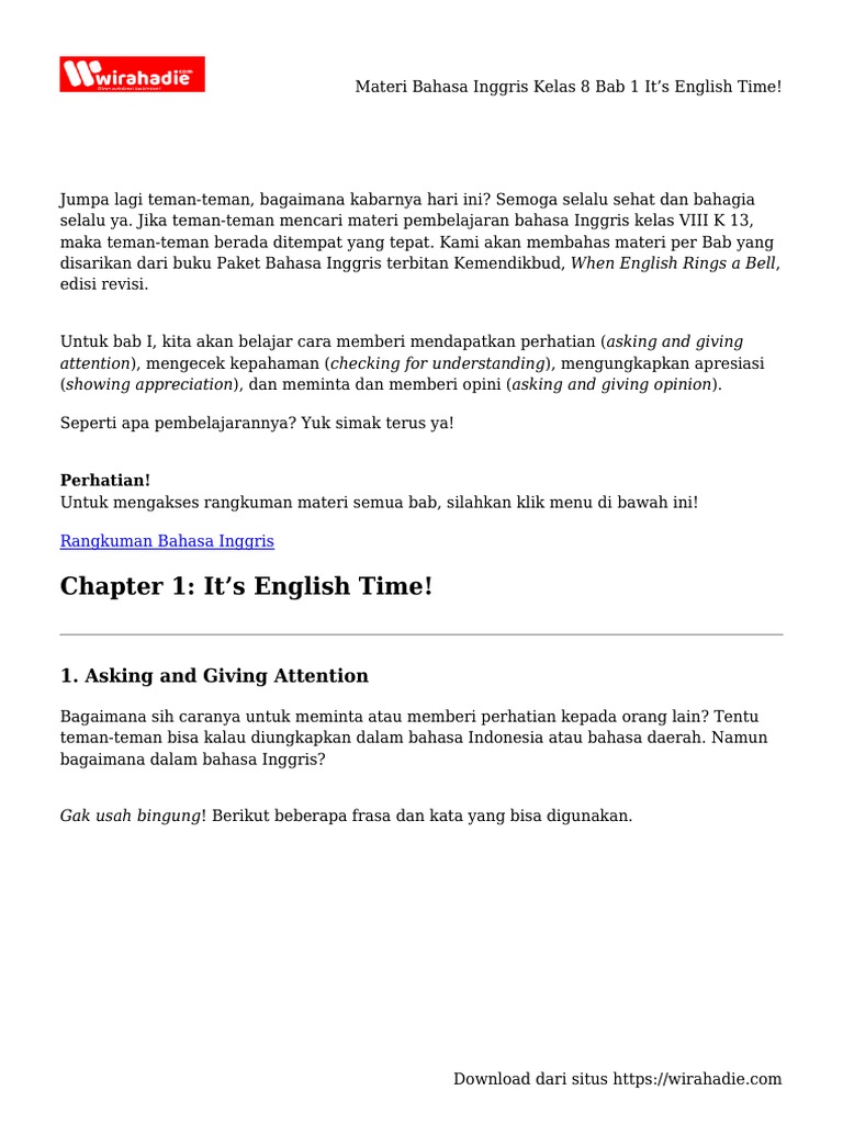 Materi Bahasa Inggris Kelas 8 Bab 1 It S English Time Pdf