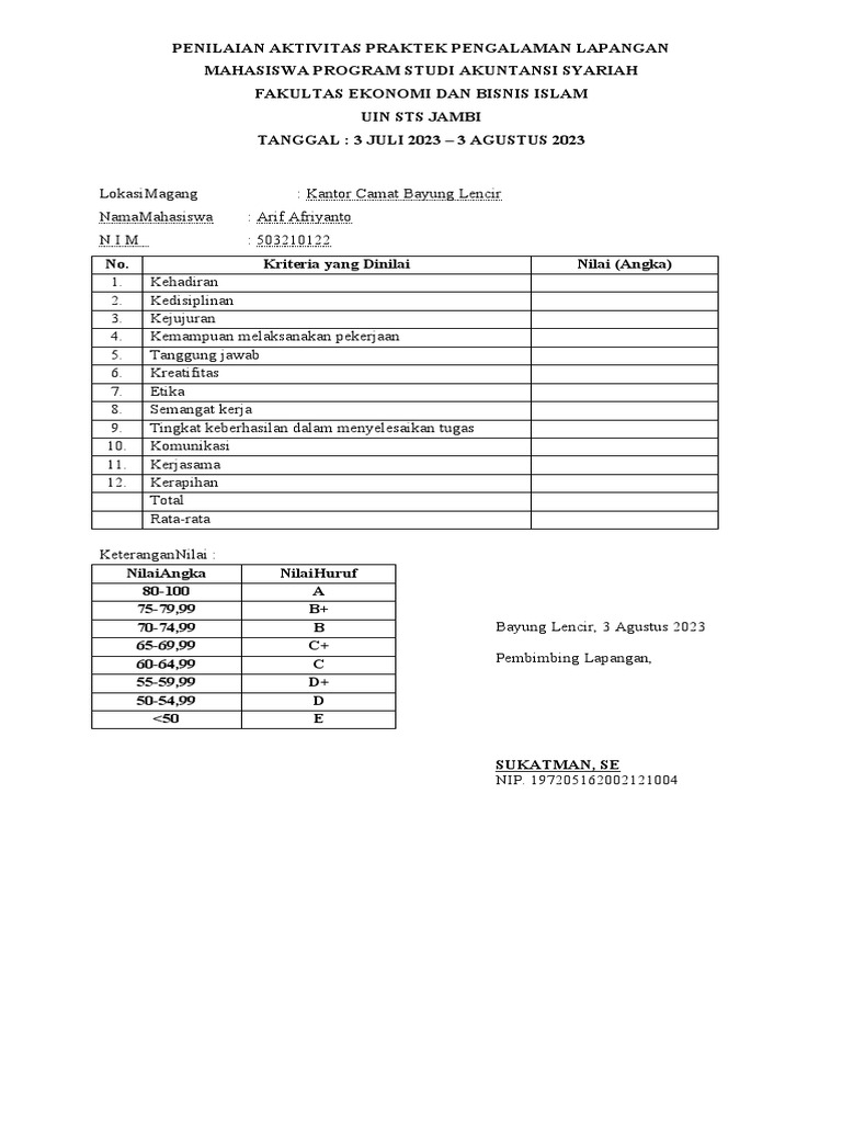 Format Nilai PPL 2023 | PDF