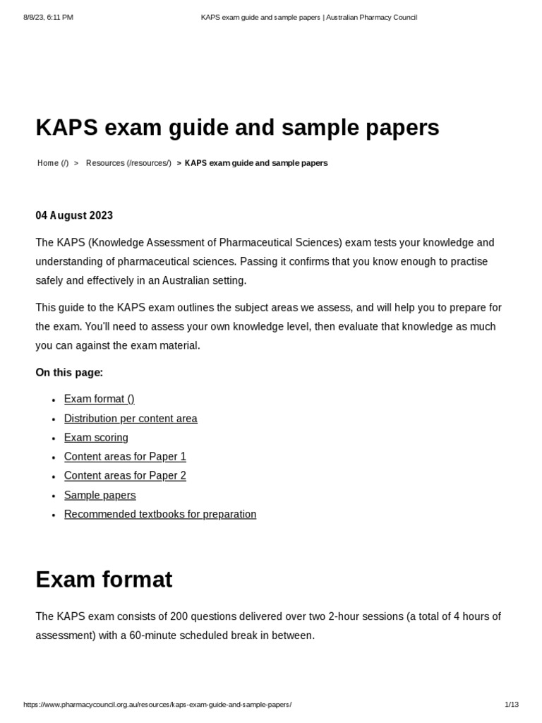 KAPS Exam Guide and Sample Papers Australian Pharmacy Council PDF