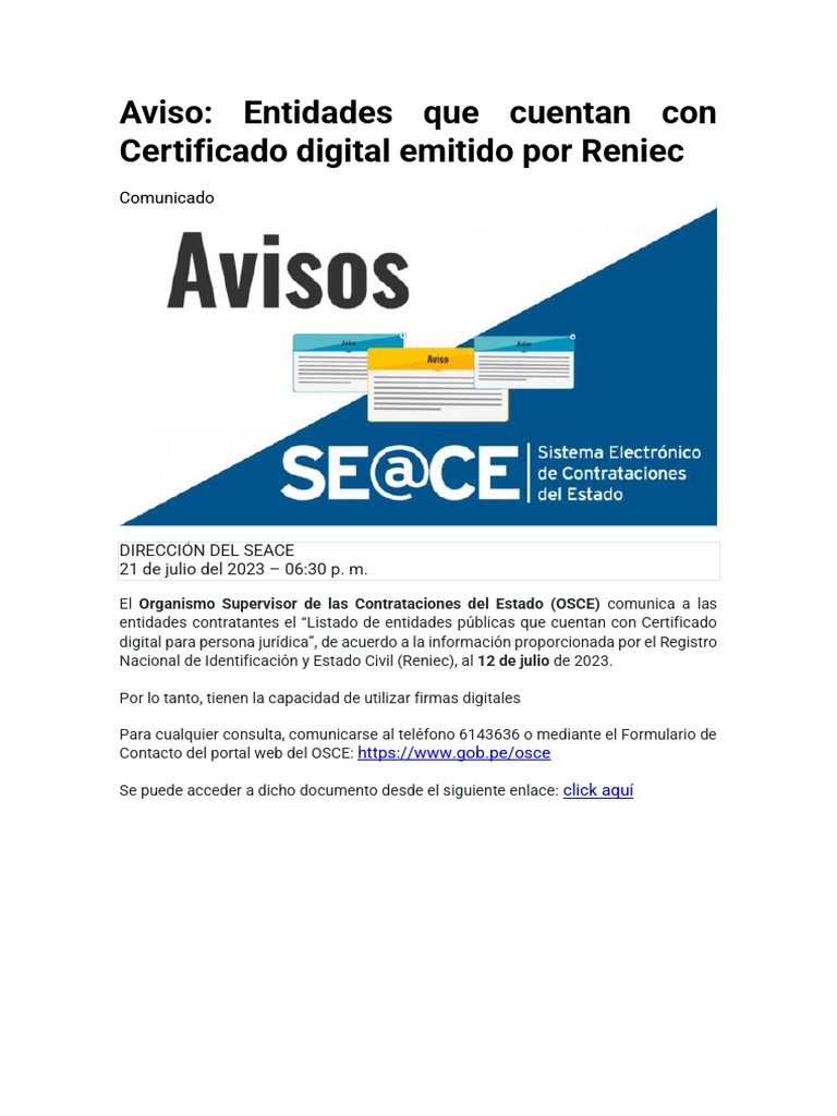 Entidades con Certificado Digital Reniec | PDF