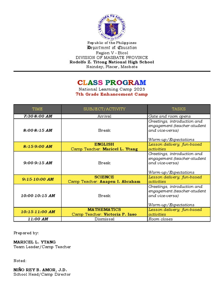 RZTNHS NLC Class Program PDF