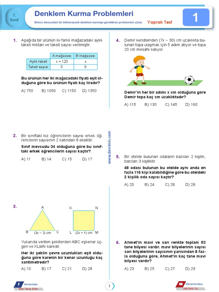 7 Denklem Kurma Problemleri Test 1 | PDF