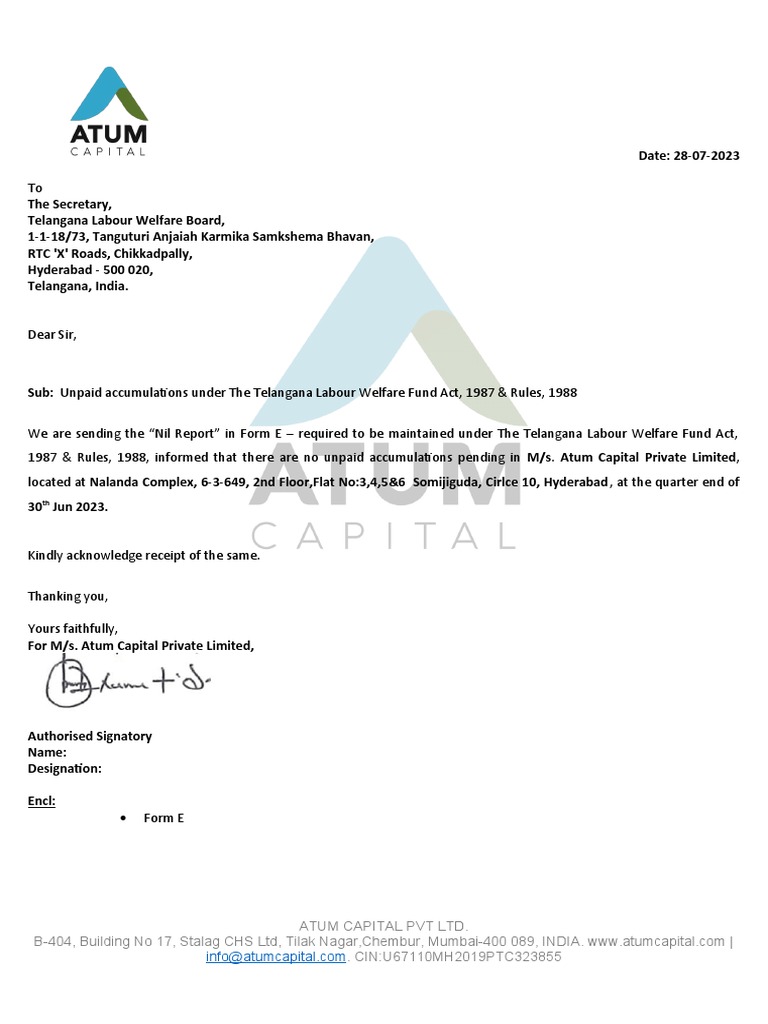 Atum Capital Private Limited Somijiguda LWF NIL June
