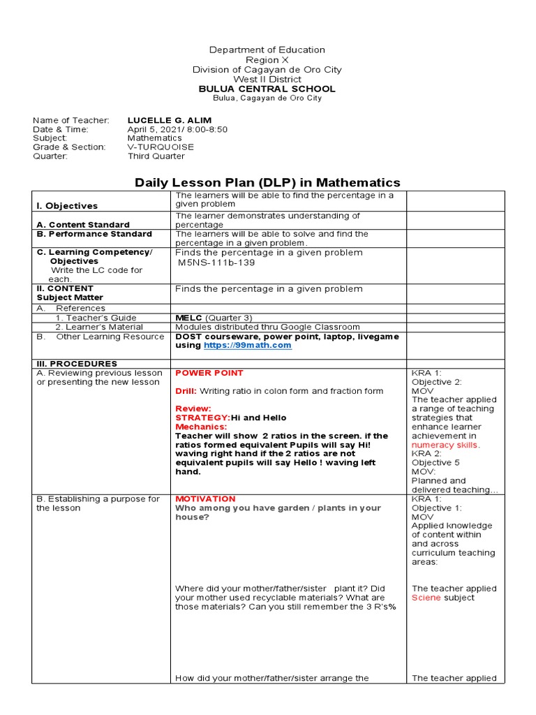 Grade 3 Math Lesson Plan: Percentages | PDF | Teachers | Educational ...
