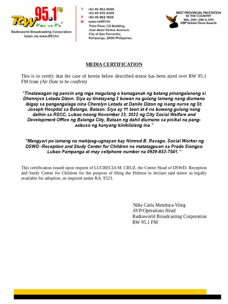 Media Certification for Adoption Case | PDF