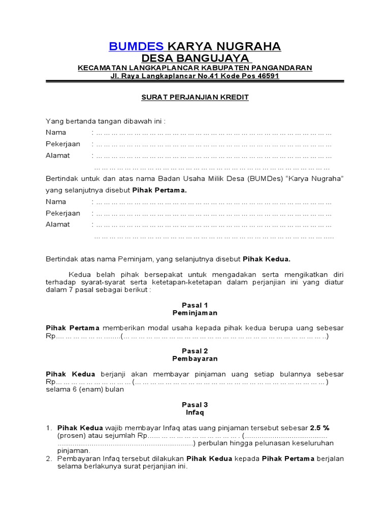 Perjanjian Kredit BUMDes Karya Nugraha | PDF | Pengelolaan Keuangan & Uang