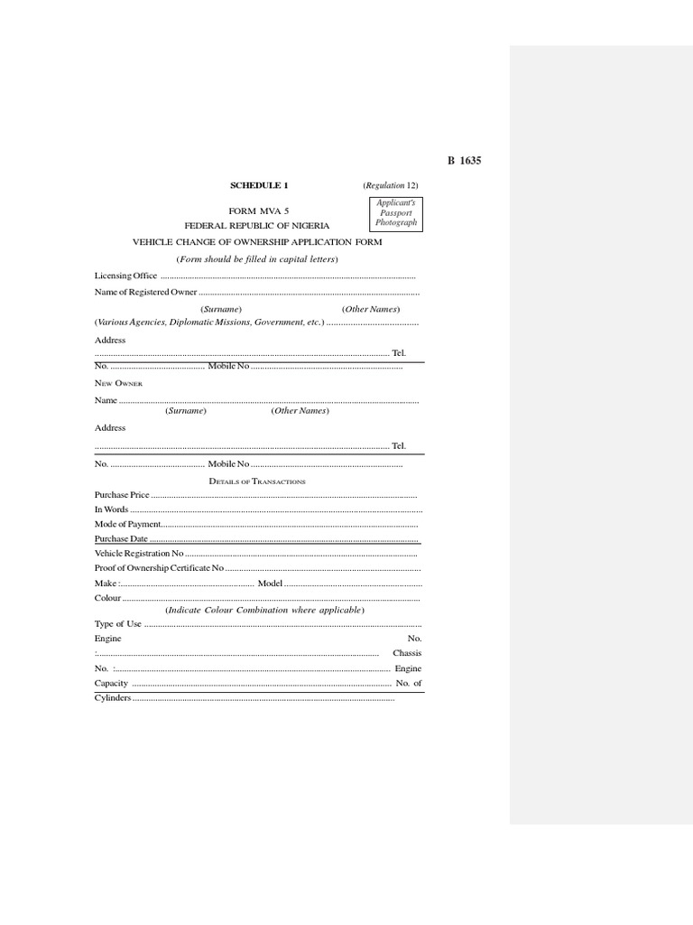 Vehicle Change of Ownership Form Nigeria | PDF