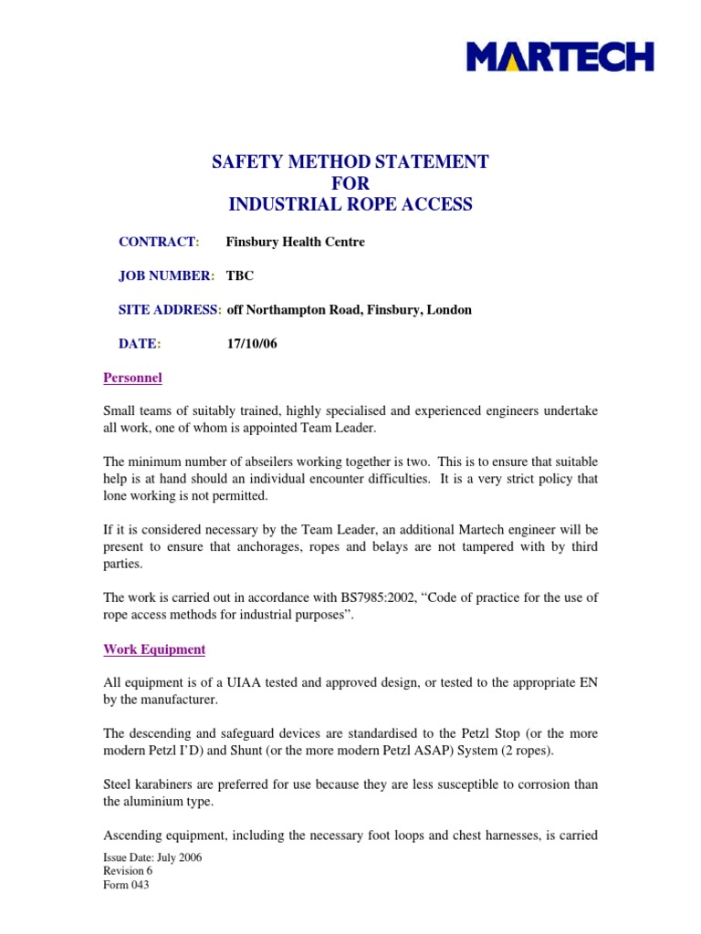 Safety Method Statement FOR Industrial Rope Access: Contract Job Number ...