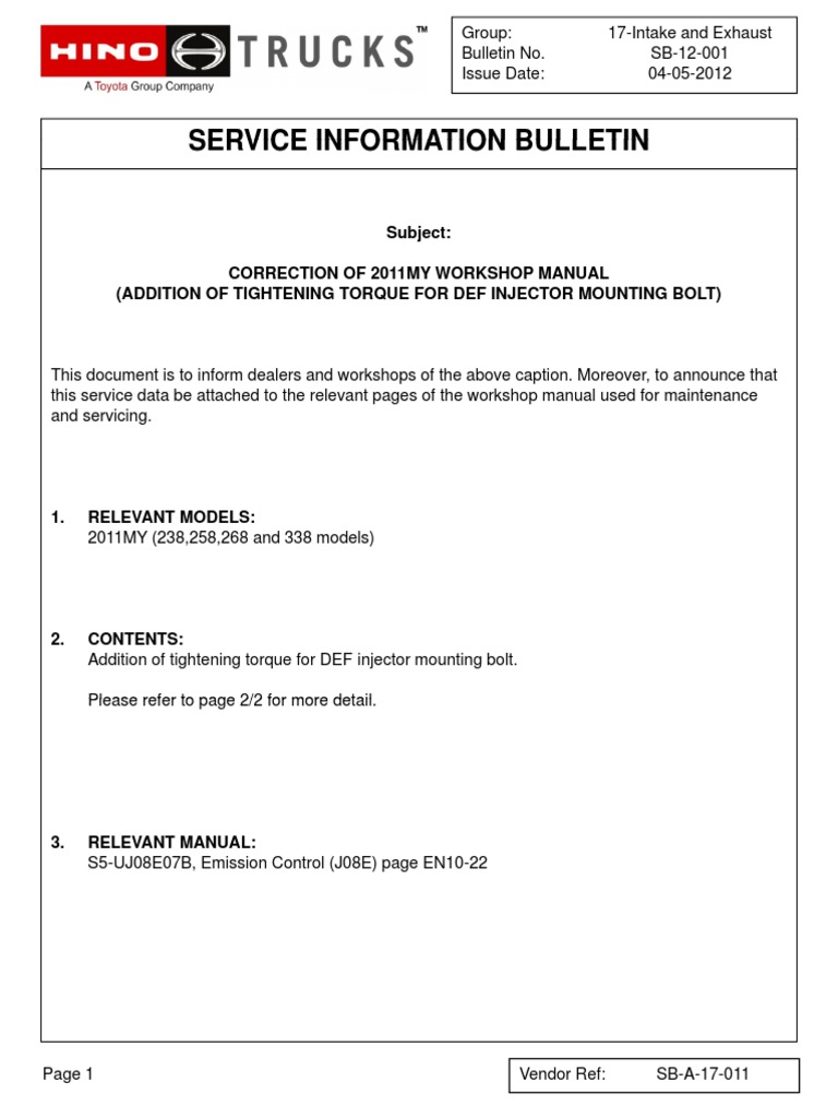 SB12001 Manual Correction DEF Injector Tightening Torque PDF