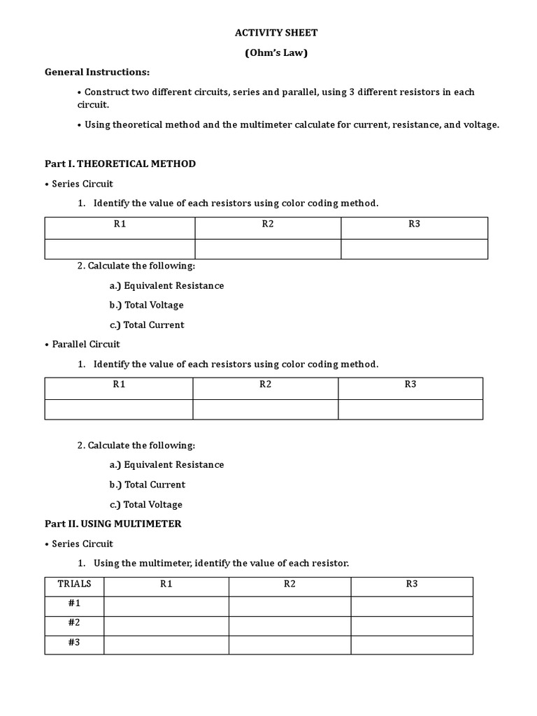 Activity Sheet (Ohm's Law) | PDF
