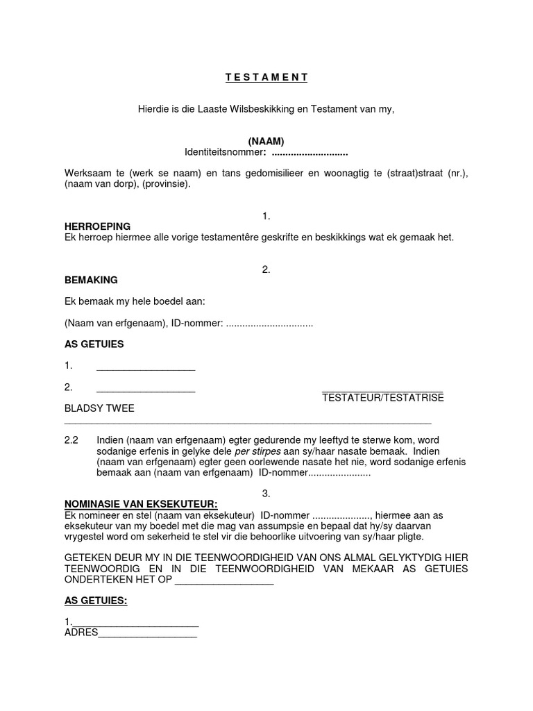 2015 01 09 Voorbeeld Eenvoudige Testament Van N Ongetroude AFR | PDF